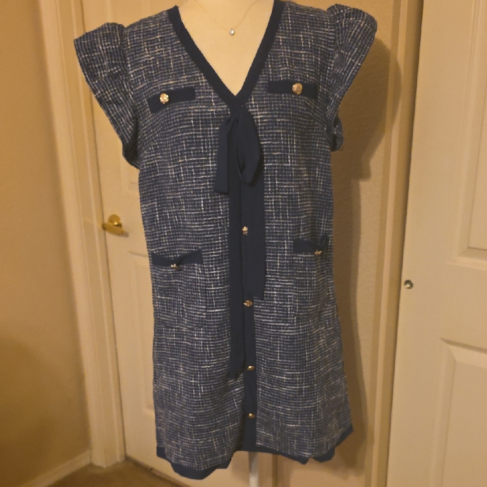 Navy Tweed Knit Shift Dress with Bow Detail